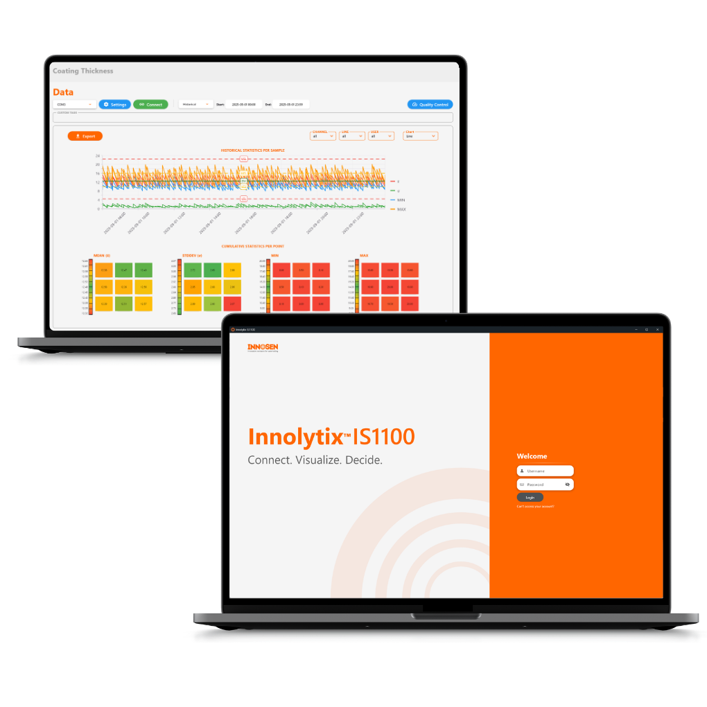 IS1100 Innolytix® QA data collection software dashboard showing coating thickness distribution and pass/fail grid IS1100 Innolytix® QA data collection software dashboard showing coating thickness distribution and pass/fail grid